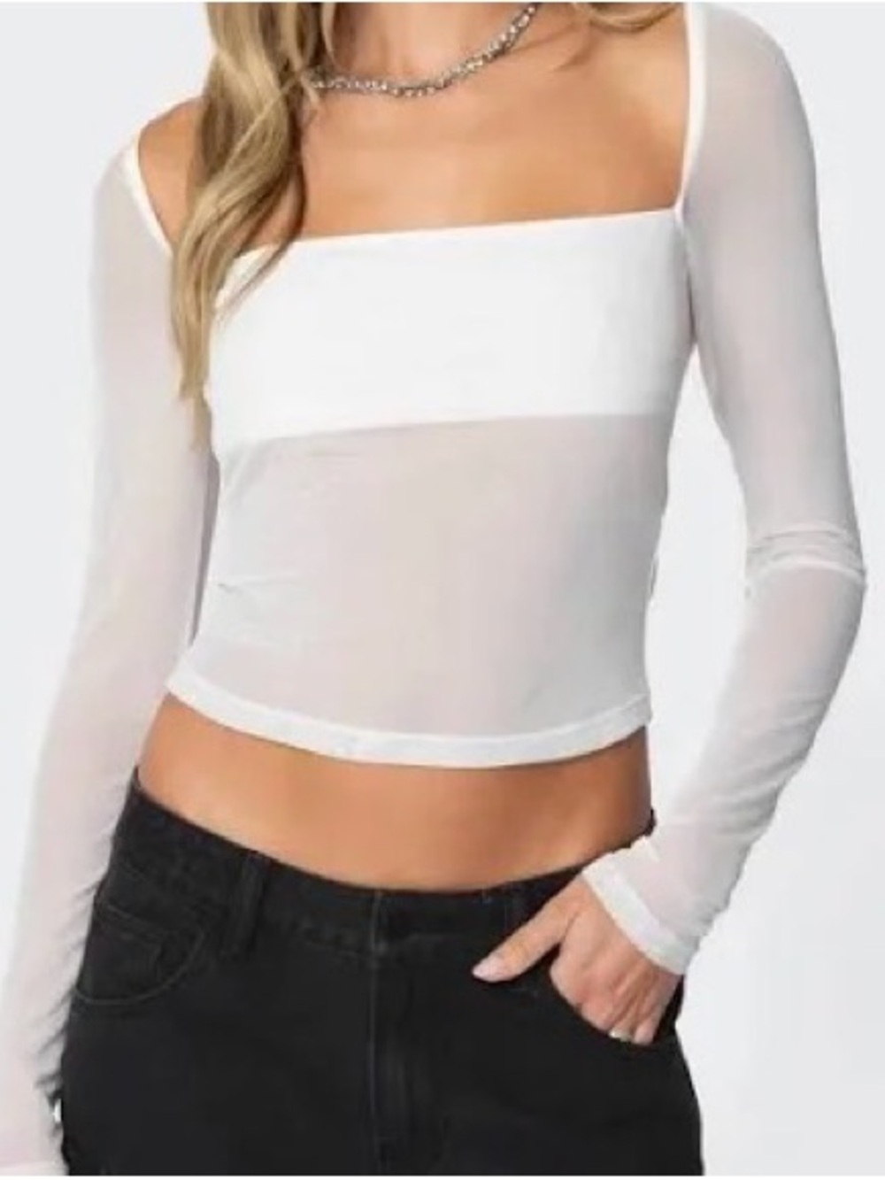 Fashion Nova White Sheer Long Sleeve Square Neck Top S NWT